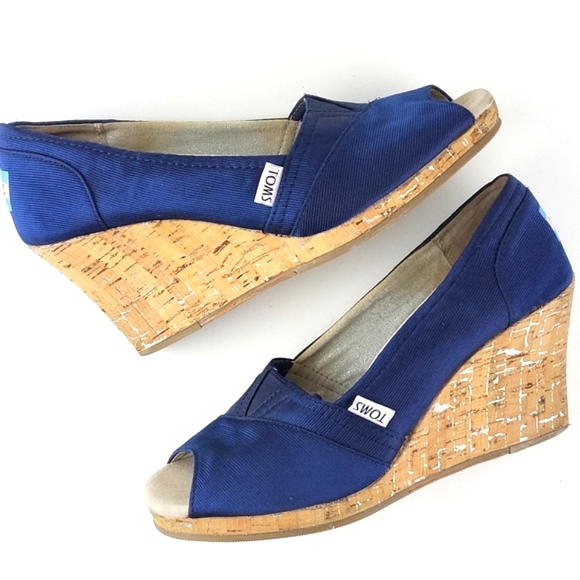 Toms Shoes - Toms Rowan Cork Wedge Heel Peep-toe  Grosgrain Pump Sandal Navy